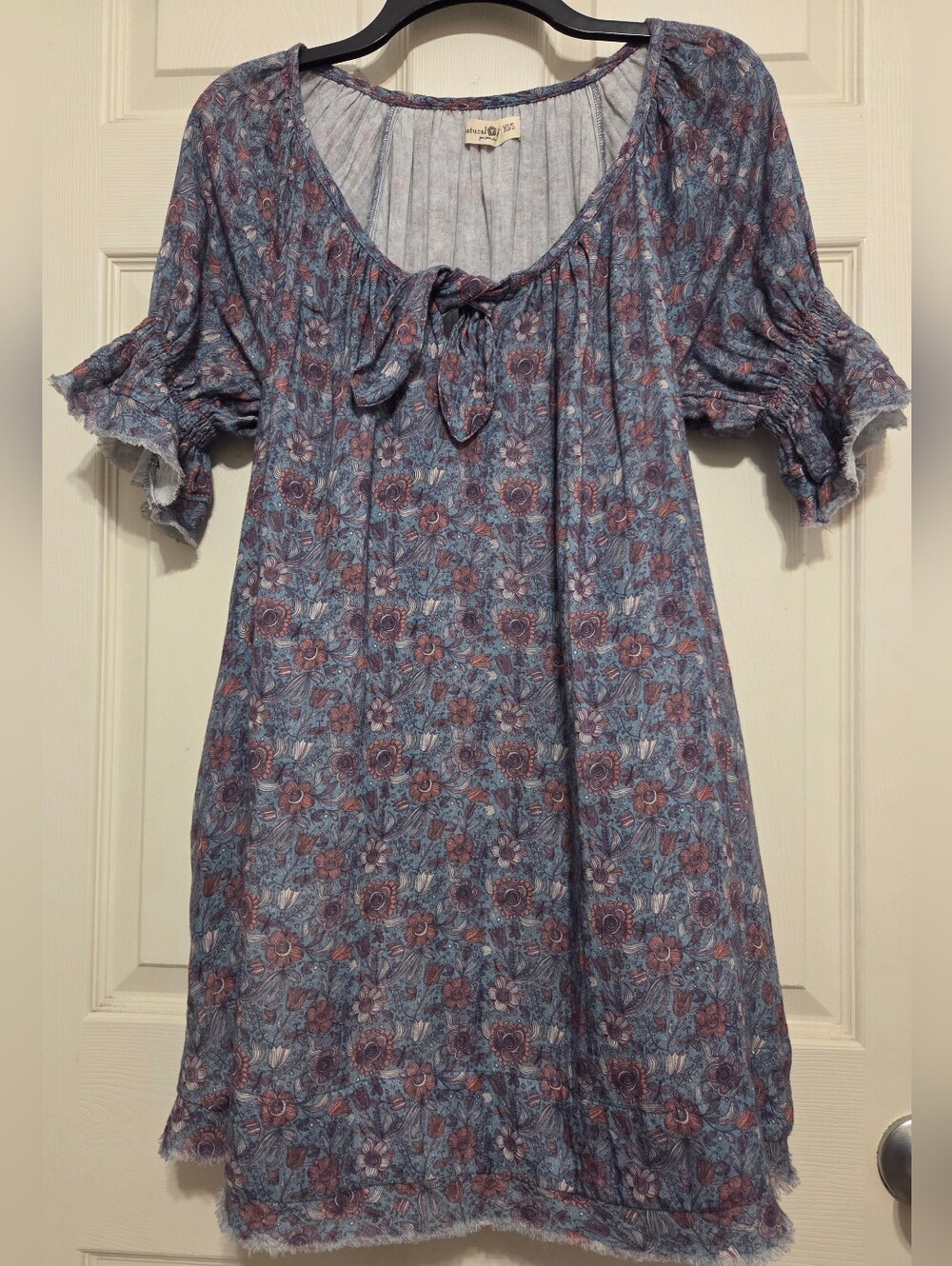 Natural Life Boho Floral Mini Dress XS/S Blue Cotton Peasant Tie Neck W/ Pockets